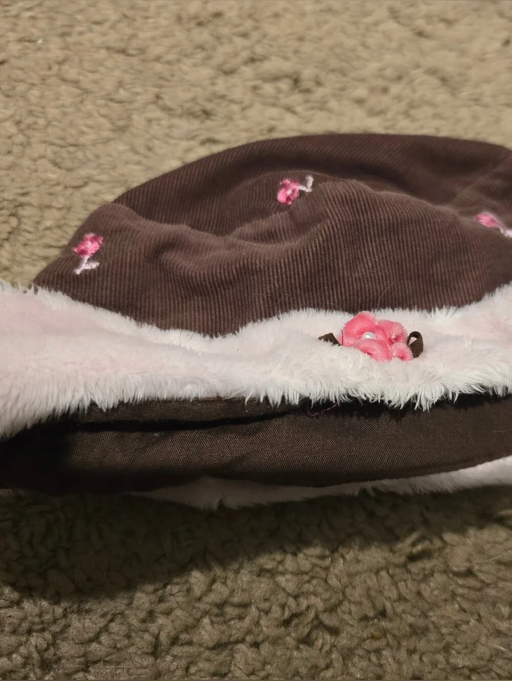Kids Brown Corduroy Hat with Pink Faux Fur Trim